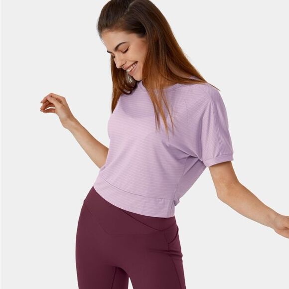 Halara Short Sleeve Twisted Cut Out Yoga Sports Top Lavender Fog S NWT IN PKG - Picture 3 of 10